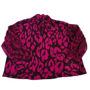 Who What Wear Blouse Top‎ Womens Magenta L Animal Print Long Sleeve Tie Neck
